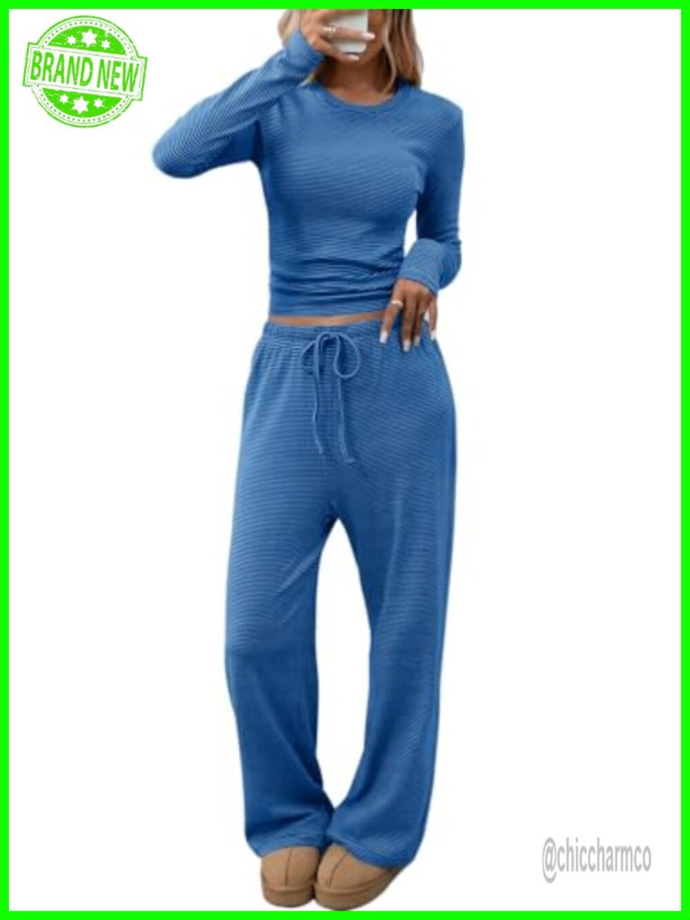 Women 2 Piece Striped Lounge Set Long Sleeve Top Wide Leg Pants Pajamas